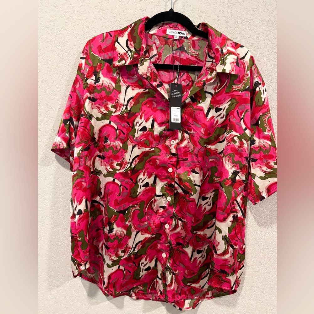 Fashion Nova Women’s Vibrant Pink and Green Floral Blouse